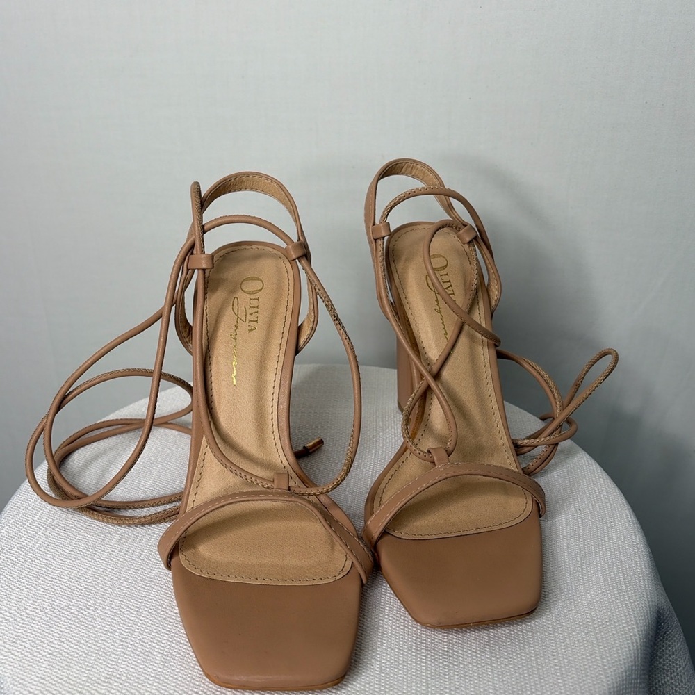Olivia Jaymes Women’s Size 7 Nude Lace-Up Heels Block Heel Sandals(B90)&✨